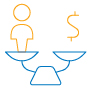 Renters Insurance Buyers Guide Blue and orange icon of a scale with a person and dollar sign