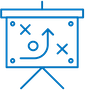 Strategy Icon Blue icon of a whiteboard with symbols on it